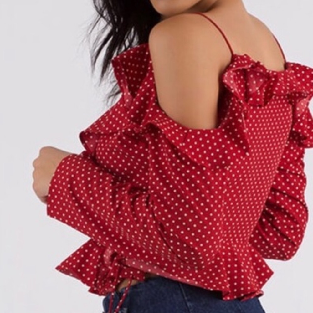 Dot The Eyes Ruffled Cold-Shoulder Top - Picture 3 of 8